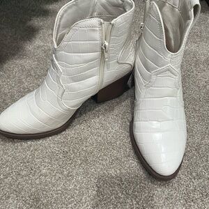 White Croc-Embossed Ankle Boots
